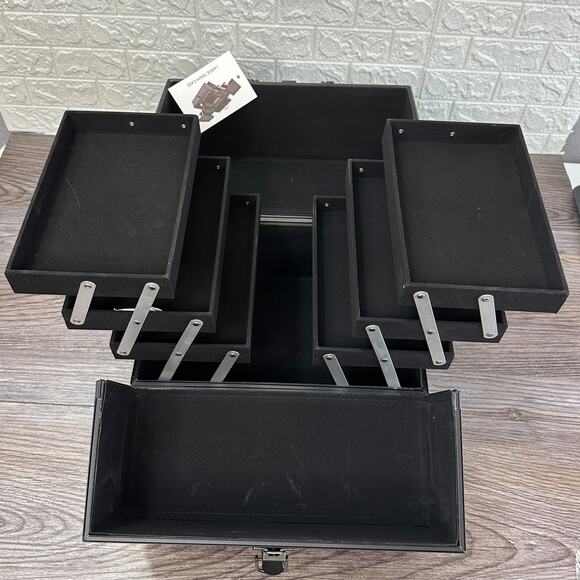 Large Makeup Train Case Cosmetics Organizer Portable Extendable Tray Matte Black - Picture 9 of 11